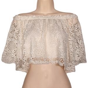 KAITLYN Off White Daisy Floral Print Lace Off The Shoulder Crop Top Medium NWT